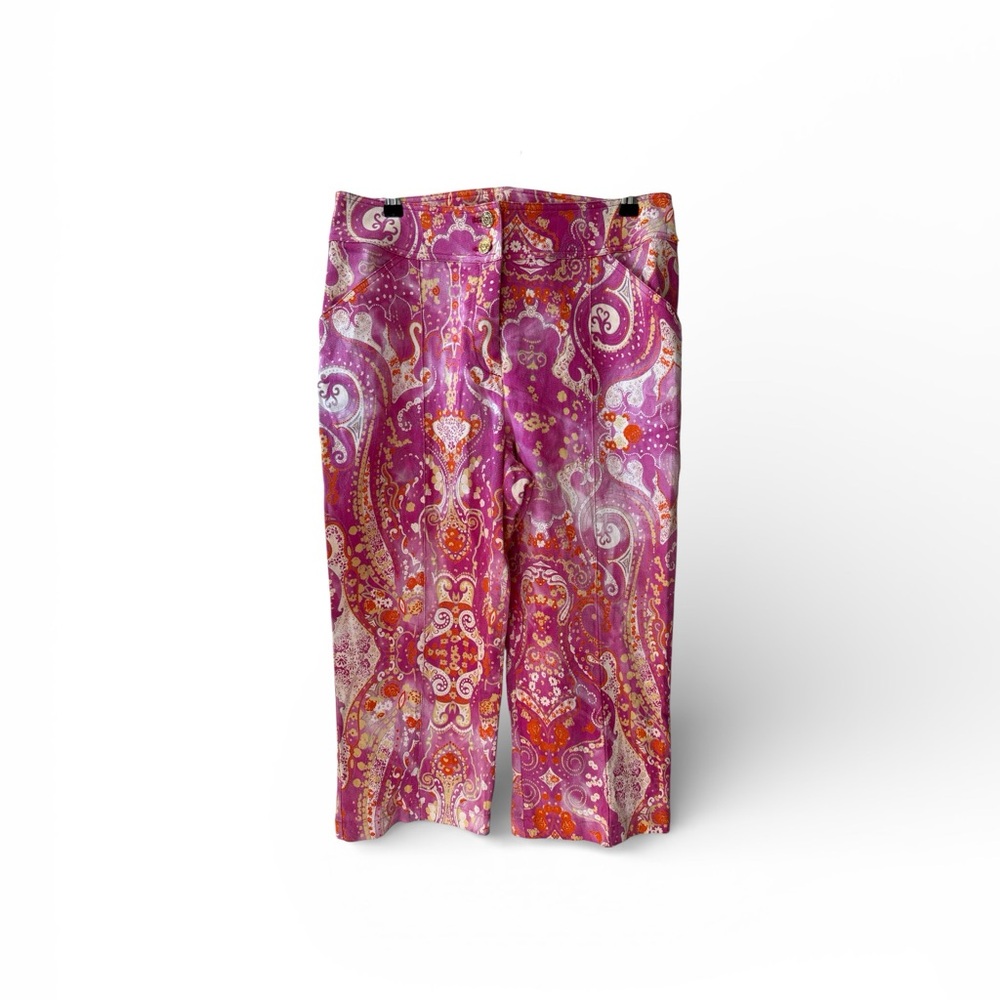 St John Sport Marie Gray Cropped Pink Paisley Pants Made in USA Size 16